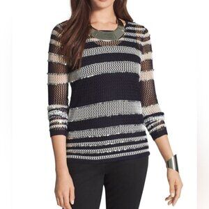 Chico's Striped Nautical Glam Chic Crochet Fisherman Open Knit Sequin Sweater S